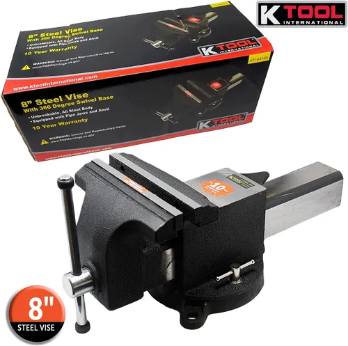 Miniatura 3 de K Tool International 64108 Tornillo de banco de 8 pulgadas con base giratoria giratoria con bloqueo de 360 grados para garajes, talleres