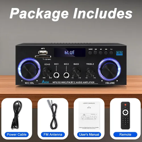 Miniatura 8 de AK50 Amplificador estéreo de audio para el hogar, receptores estéreo de 400 W, sistema de amplificador de potencia Bluetooth 5.0 de 2 canales, radio