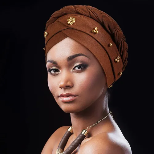 Miniatura 7 de 6 Pieces Women African Turban Head Wraps Caps Twisted Braid Beaded Elastic Wrap Cap
