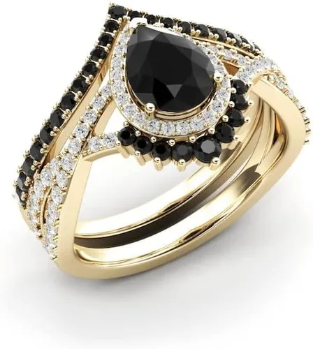 Miniatura 9 de Anillo de compromiso de ónix negro en forma de pera, halo de oro rosa, único juego de anillos de compromiso de piedra negra para mujer, anillo