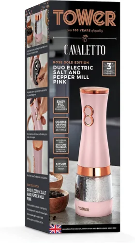 Miniatura 10 de Tower T847004PNK Molinillos eléctricos de sal y pimienta, funcionan con pilas con molinillos de cerámica ajustables, oro rosa y rosa