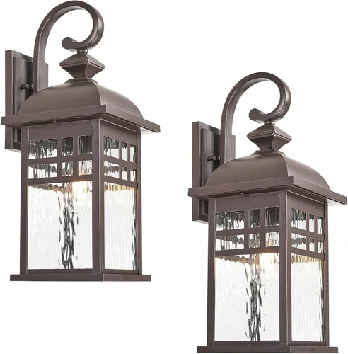 Miniatura 7 de Farol de pared exterior de aluminio negro con vidrio ondulado de agua, impermeable, luces de porche para puerta de patio, paquete de 2 enchufes E26
