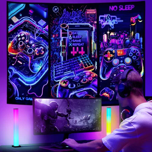 Miniatura 3 de Galoker Tapiz de luz negra para juegos, tapiz de controlador de juego de neón genial, tapiz reactivo a los rayos UV, tapices de pared para jugadores