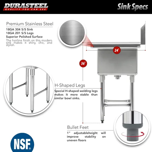 Miniatura 3 de DuraSteel Fregadero de Acero Inoxidable para Servicios Generales - Certificado NSF Tazón Individual de 18" x 18" x 12" - No Incluye Grifo Sin Plomo