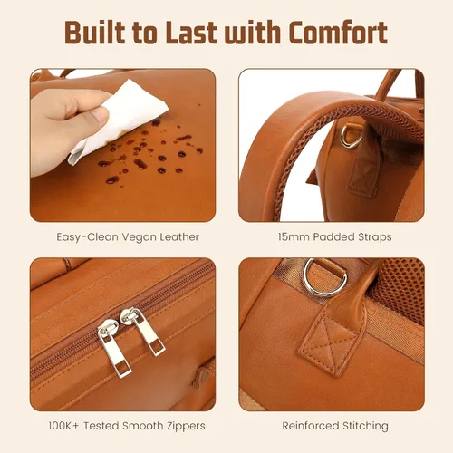 Miniatura 7 de ROSEGIN Mochila para pañales de piel vegana prémium con cambiador impermeable - Costuras y cremalleras reforzadas, bolsa de bebé para niño y niña