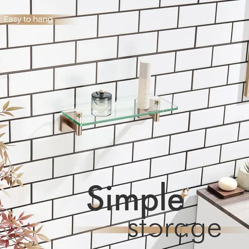 Miniatura 5 de KOKOSIRI Estantes de Pared Hardware de Baño Estante Flotante de Vidrio de 12 Pulgadas para Dormitorio, Sala de Estar, Cocina, Rack Colgante Bronce