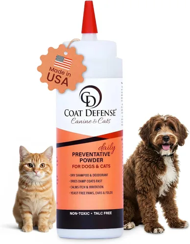 COAT DEFENSE Polvo preventivo diario | Fabricado en Estados Unidos | Champú para perros sin agua con punta de precisión de 9 onzas y desodorante