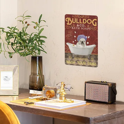 Miniatura 4 de Letrero de metal – Cartel de baño de Bulldog Wah Your Paws – Letreros de metal para decoración de pared para el hogar, oficina y casa de campo