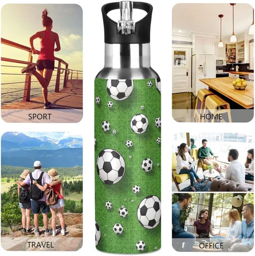 Miniatura 5 de Soccer Balls Green Insulated Stainless Steel Water Bottle with Straw 20 Oz Leakproof Water Bottles, BPA-Free Sport Water Bottle