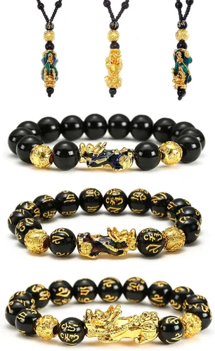 SOOWOOT Feng Shui Pulsera Collar-Pi Xiu Negro Obsidian Riqueza Pulsera de Buena Suerte Pi Yao Attract Wealth Money Collar Set para Mujeres Hombres