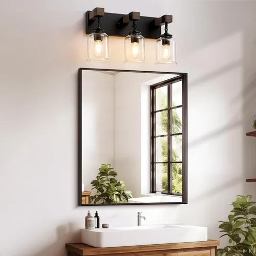Miniatura 8 de VbiTmn Lámparas de Baño Estilo Granja, Lámpara de Tocador de Baño de 3 Luces Negro Mate, Estilo Industrial con Pantallas de Vidrio Transparente