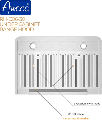 Miniatura 4 de Awoco RH-C06 - Campana de acero inoxidable de 6 pulgadas y 4 velocidades para usar debajo del gabinete, 900 CFM, con luces, 30, 36 y 42 pulgadas