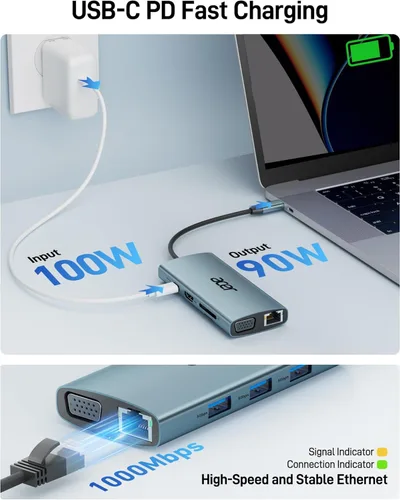 Miniatura 4 de Acer Hub USB C con HDMI 4k, adaptador USB C 9 en 1 a Ethernet, estación de acoplamiento USBA 3.0 de 5 Gbps, divisor VGA, lector de tarjetas SD, Gris