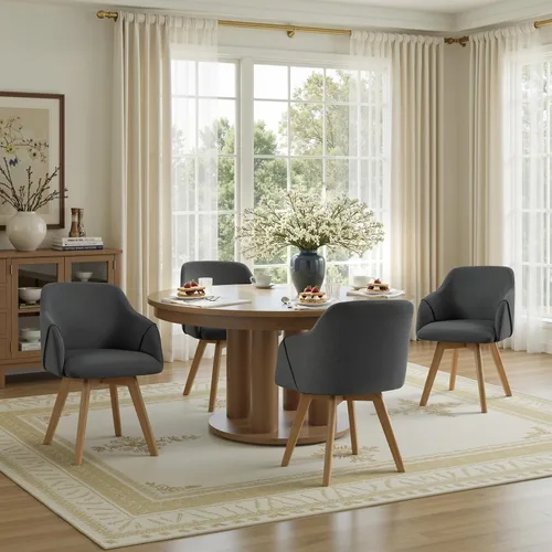 Miniatura 12 de Juego de 2 sillas de comedor giratorias, modernas de mediados de siglo con brazos y patas de madera, sillas de cocina tapizadas de tela de lino