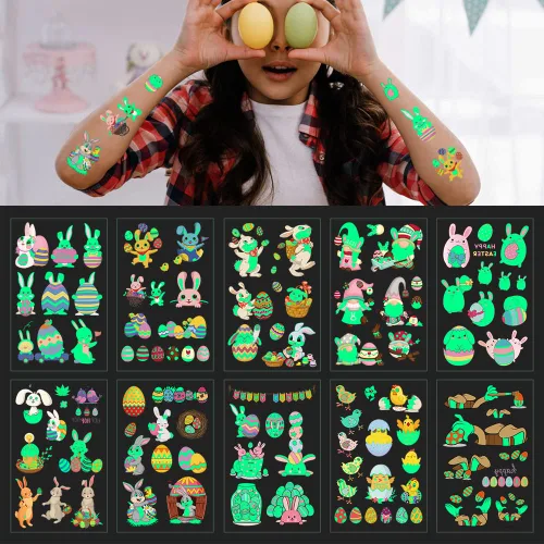 Miniatura 2 de 80 tatuajes temporales luminosos de Pascua para niños, que brillan en la oscuridad, canasta de Pascua, tatuajes de fiesta, tatuajes, huevos