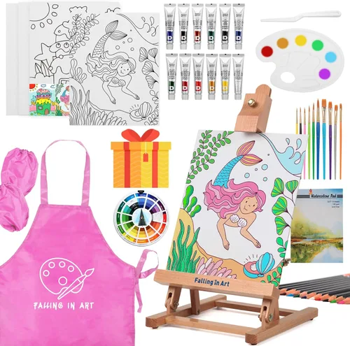 Miniatura 12 de Falling in Art Juego de pintura para niños con caballete de mesa, kit de inicio de pintura acrílica con bata de arte, pinturas acrílicas, lápices