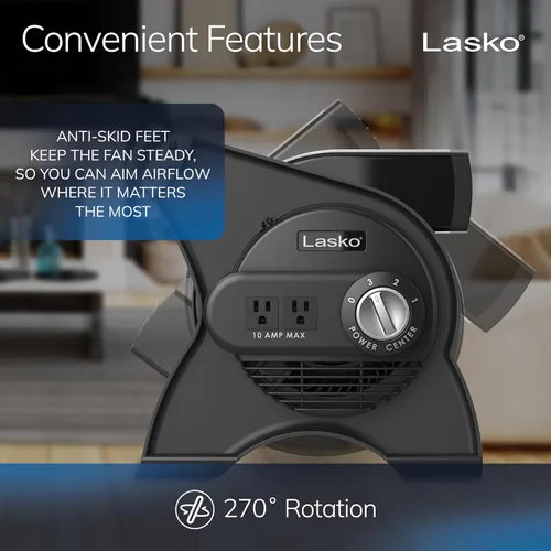 Miniatura 6 de Lasko Ventilador utilitario portátil, ventilador giratorio de alta velocidad de 12 pulgadas, 289 CFM, 3 velocidades, 2 salidas de accesorios de 120