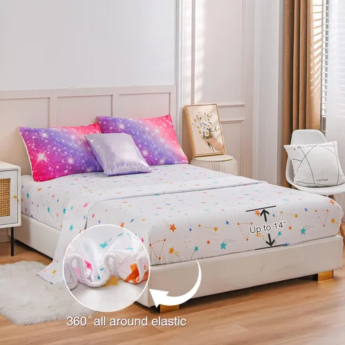 Miniatura 3 de A Nice Night Juego de ropa de cama de 6 piezas con purpurina degradada para niñas, juego de edredón colorido de galaxia arco iris, juegos de ropa