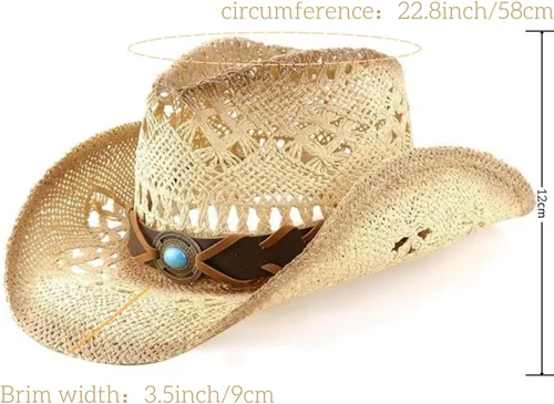 Miniatura 6 de Sombrero de vaquero de paja occidental para hombre y mujer, sombrero de vaquera con dos bandas decorativas, sombrero de sol tejido de ala moldeable