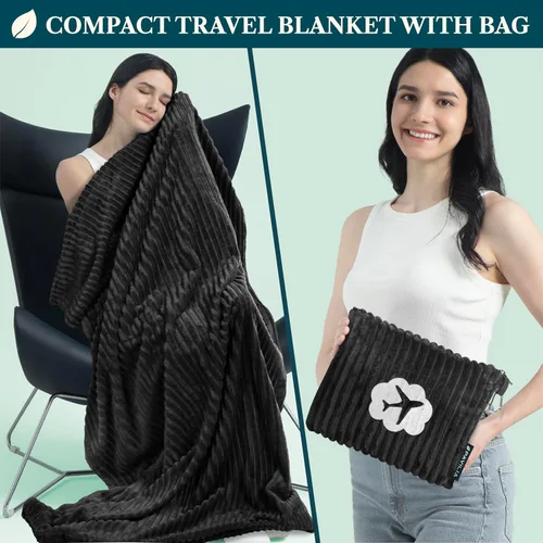 Miniatura 2 de PAVILIA Manta de viaje y almohada, suave manta de avión de forro polar acanalado con bolsa, manta compacta de avión plegable de 65 x 40 pulgadas