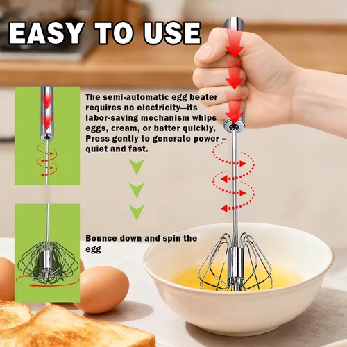 Miniatura 3 de Batidor semiautomático, batidor de huevo de acero inoxidable, batidor de huevos, girador de huevos, herramienta de Wisking, agitador de mano