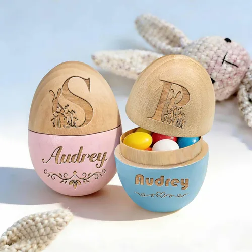 Miniatura 8 de Huevo de Pascua personalizado con nombre grabado, huevo de madera de Pascua personalizado 2026 grabado con texto gratis para niño y niña Azul y rosa