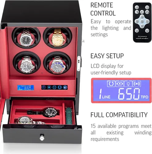 Miniatura 3 de Enrollador de relojes para 4 relojes con 15 programas de bobinado y 2 cajones de almacenamiento para relojes.