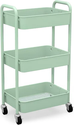 CAXXA Organizador de almacenamiento de metal con ruedas de 3 niveles, carrito de utilidad móvil, carrito de cocina con ruedas giratorias (verde