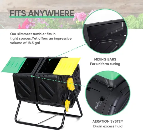 Miniatura 5 de F2C Vaso de compostaje de doble cámara de 37 galones para todas las estaciones, sin BPA, gran contenedor de compostador con 2 puertas correderas