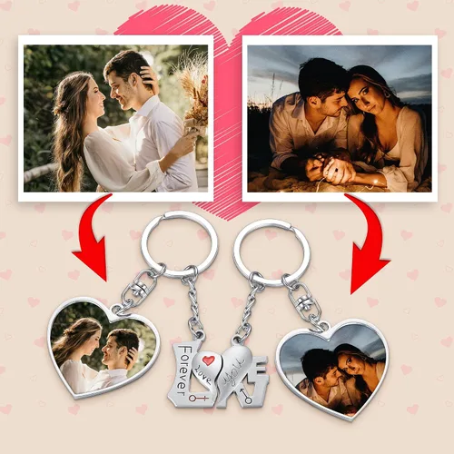 Miniatura 2 de PiercingJ Juego de 2 llaveros de fotos personalizados para él y ella grabado de doble cara colgante de imagen colorida para parejas llaveros