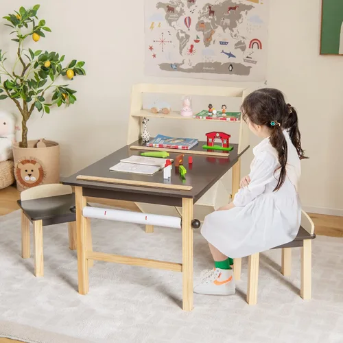 Miniatura 9 de Costzon Juego de mesa y silla de arte para niños, mesa de actividades de madera y 2 taburetes con rollo de papel, 2 marcadores, 2 cubos