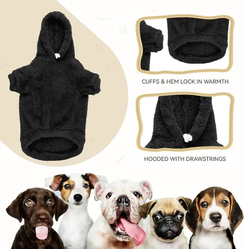 Miniatura 2 de Suéteres de vellón y sherpa para perros pequeños, mullidos, suaves, de doble cara, afelpados, con capucha, negro, XS