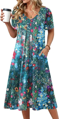 Miniatura 12 de Zeagoo Vestido de verano para mujer, casual, floral, midi, con bolsillos, cuello en V, plisado, manga corta, estilo alineado, para vacaciones
