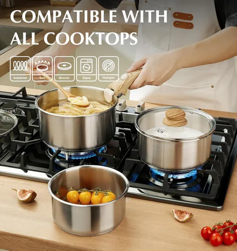 Miniatura 3 de KOCH SYSTEME CS - Juego de cacerolas de acero inoxidable 18/10 con mango extraíble, sartén de 1.5 cuartos de galón, 2 cuartos y 3 cuartos con tapas