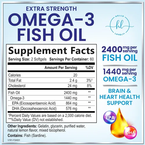 Miniatura 2 de Suplementos de aceite de pescado Omega 3 – 2400 mg de aceite de pescado por porción – Omega-3 de triple fuerza con ácidos grasos EPA y DHA – Apoyo