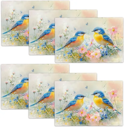 Miniatura 10 de Juego de 4 manteles individuales con diseño de pájaros, acuarela, lavables, para el hogar, fiesta, cocina, interior y exterior, restaurantes, 4