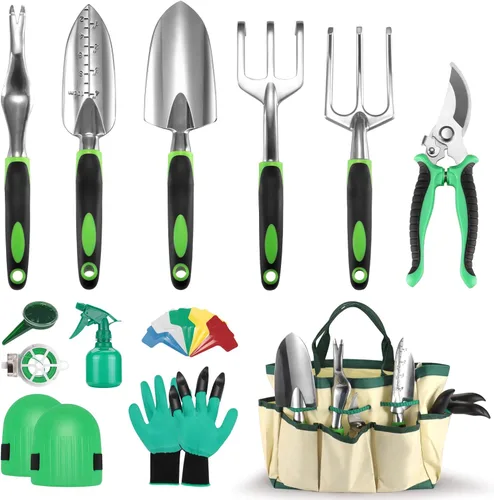Suministros de jardinería, juego de herramientas de jardín, 19 piezas de herramientas de jardín de acero inoxidable con bolsa, regalos de jardinería