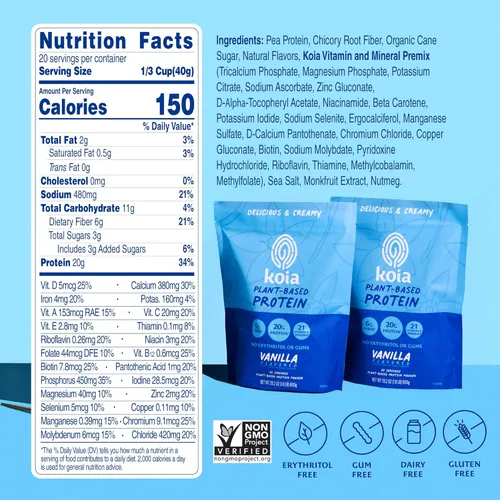 Miniatura 3 de Koia - Proteína en polvo a base de plantas, vainilla, 20 g de proteína, 3 g de azúcar, 6 g de fibra prebiótica, antes y después del entrenamiento