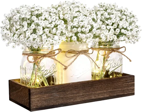 Miniatura 10 de BLEUM CADE Decoración de mesa de centro de mesa, 3 piezas de flores artificiales de hortensias en frascos Mason con bandeja de madera para mesa