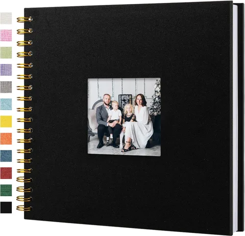 Miniatura 14 de Álbum de recortes de fotos, cubierta de lino, 8 x 8 pulgadas, tapa dura, libro de recuerdos de papel kraft blanco, para viajes, bodas, libro de Negro