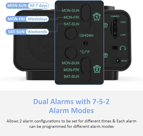 Miniatura 3 de uscce Reloj despertador digital con alarma dual - Atenuador 0-100% con modo de día laborable/fin de semana, 6 sonidos con volumen ajustable, radio