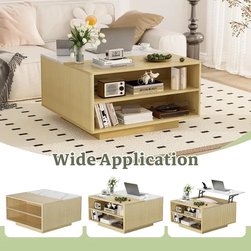 Miniatura 6 de Mesa de centro elevable con almacenamiento, mesa cuadrada central de madera natural estriada con almacenamiento abierto, mesa central para sala
