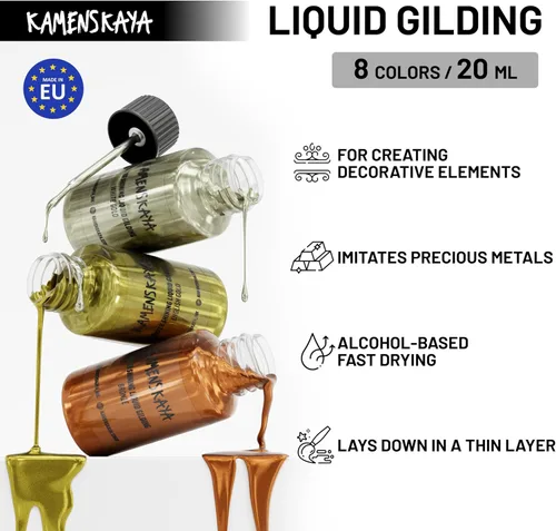 Miniatura 3 de KAMENSKAYA Liquid Leaf Paint - Juego de Pintura Dorada - Oro Rico e Inglés, Plata, Bronce, Cobre, Oro Blanco - 6 pzs. 0.68 fl oz (20 ml) Cada Una