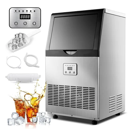 Amzgachfktch Máquina de hielo comercial, máquina de hielo de 100 libras/24 horas, autolimpieza automática, pantalla digital LED, luz azul, debajo de