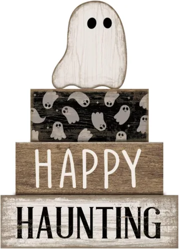 Miniatura 46 de Lineshading 4 piezas de decoración de mesa de Halloween espeluznante café apilado, decoración de bloques apilados de madera, letreros con tapa