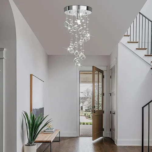 Miniatura 8 de Candelabro moderno de cristal elegante en espiral de montaje empotrado, lámpara moderna de bola de cristal con forma de gota de lluvia, lámpara