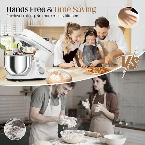 Miniatura 4 de Batidora de pie de 800W con tazón de 5.3QT, 6 velocidades con pulso, batidora eléctrica de cocina, batidora de alimentos con gancho para masa, Blanco