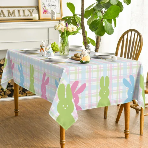 Miniatura 4 de Horaldaily Mantel de Pascua de 52 x 70 pulgadas, funda de mesa de Pascua con diseño de conejito de primavera para decoración de fiesta, picnic y cena
