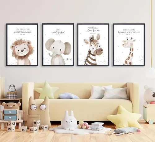 Miniatura 2 de 4 piezas de lienzo de animales con versículos bíblicos para guardería, arte de pared divertido y lindo de animales de safari, pintura cristiana