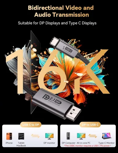 Miniatura 2 de Cable bidireccional USB C a DisplayPort 2.1, 16K DisplayPort a USB C cable de 10 pies, 16K @60Hz 8K @240Hz/120Hz de aluminio premium Plug & Play